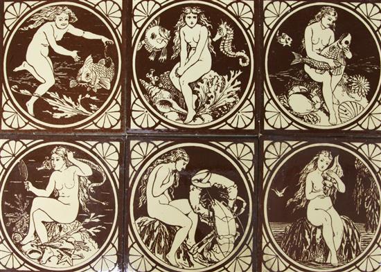 John Moyr-Smith. A rare set of six Mintons China Works water nymphs dust pressed tiles, all 6in. sq.